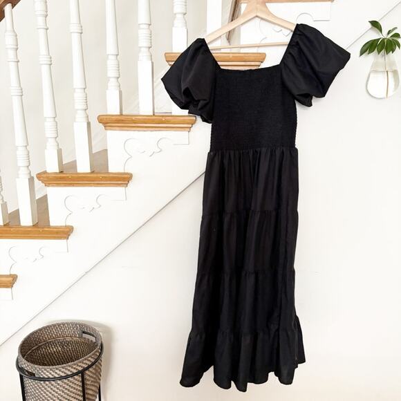 Pretty Garden Black Smocked Tiered Maxi Dress Square Neck Puff Sleeves Size M - Picture 6 of 8